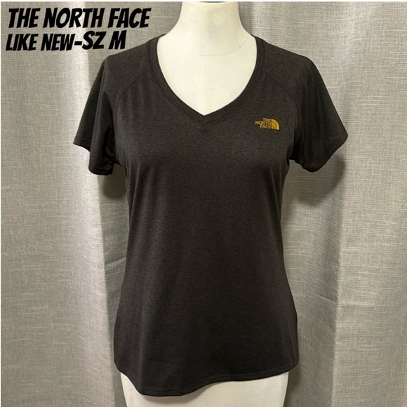 Like New The North Face Wmns Tee-Sz M-Charcoal/Gold Logo-Short Sleeve-Polyester - Picture 1 of 15